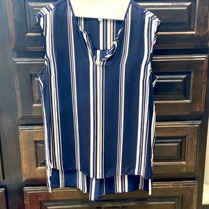 DR2 Sz Med, Sheer, Sleeveless, Navy & White striped Blouse